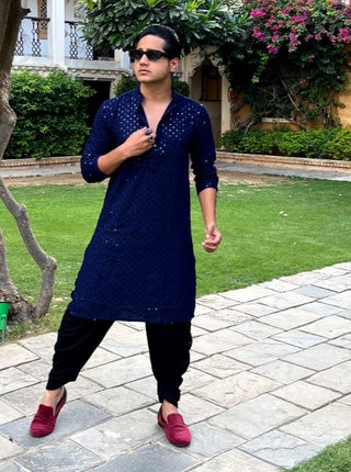 Men Navy Blue Chikankari Embroidered and Sequence Kurta Only