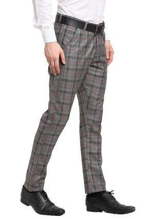 Indian Needle Men's Grey Cotton Checked Formal Trousers