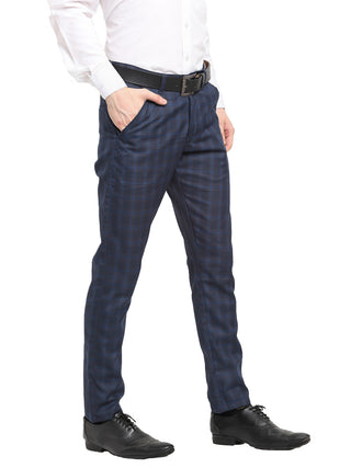 Indian Needle Men's Navy Blue Cotton Checked Formal Trousers