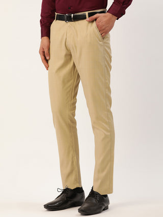 Indian Needle Men's Beige Checked Formal Trousers