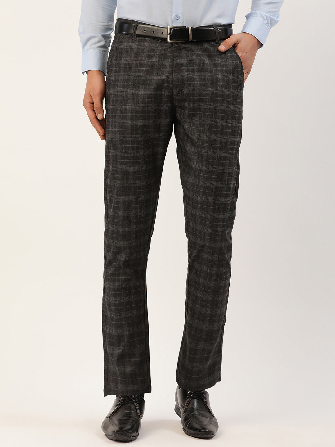 Jainish Men's Black Tartan Checked Formal Trousers – Jompers