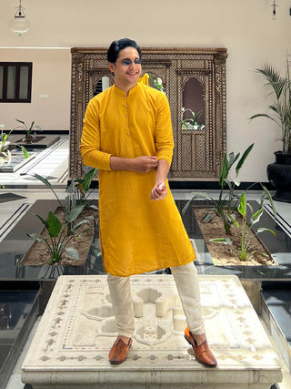 Jompers Men Mustard Embroidered Kurta with Pyjamas