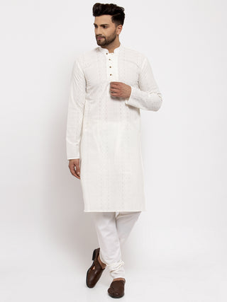 Jompers Men Cream Embroidered Kurta with Pyjamas