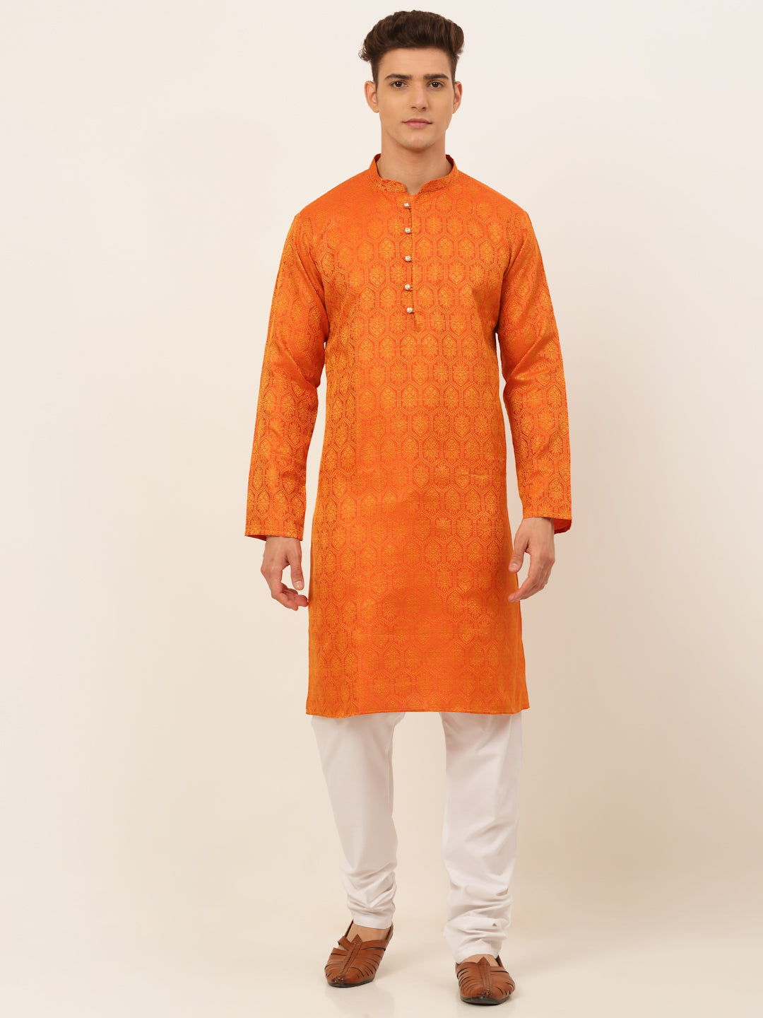 Jompers Men's Orange and Golden Woven Design Kurta Pajama