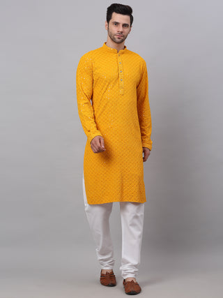Men Mustard Chikankari Embroidered and Sequence Kurta with Churidar