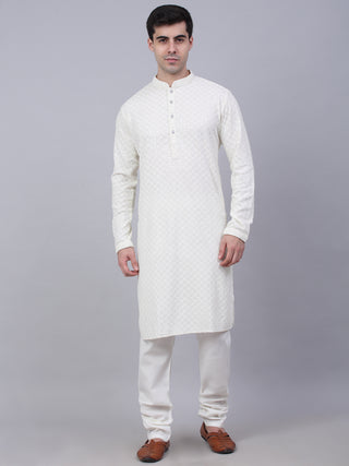 Men White Chikankari Embroidered and Sequence Kurta with Churidar