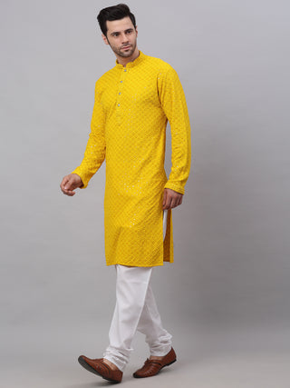 Men Yellow Chikankari Embroidered and Sequence Kurta with Churidar