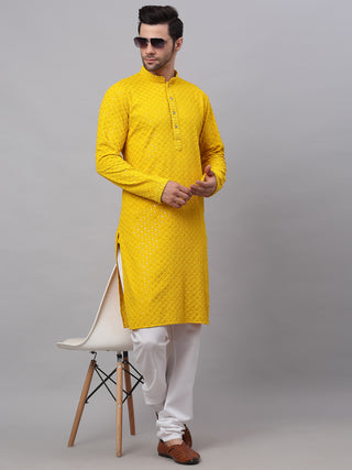 Men Yellow Chikankari Embroidered and Sequence Kurta with Churidar