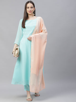 Women Turquoise Blue Embroidered Regular Sequinned Kurta with Trousers & Dupatta