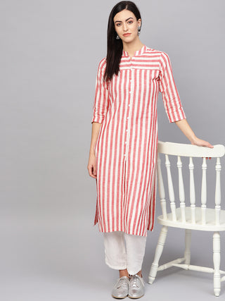 Jompers Women Red & Off-White Striped Cotton Straight Kurta