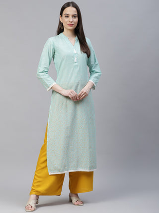 Jompers Women Blue & Off White Pure Cotton Ethnic Motifs Printed Kurta