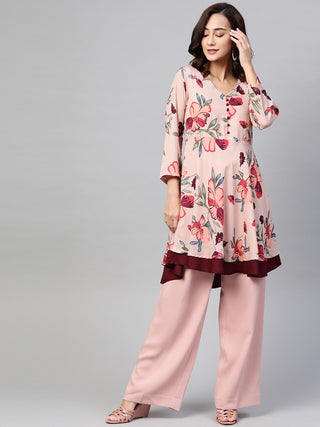 Jompers Women Peach & Maroon Floral Printed Floral Flared Kurta