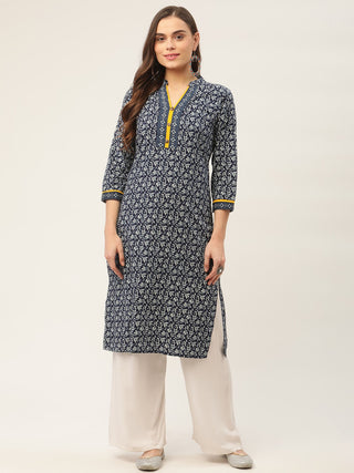 Women Indigo Blue Printed Straight Pure Cotton Kurta