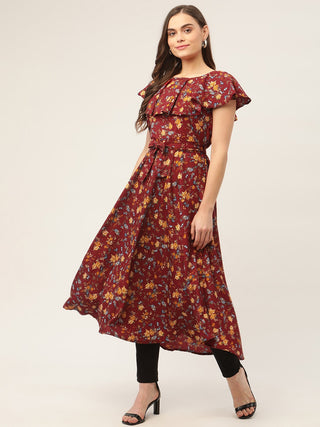 Women Maroon Flared Printed kurta