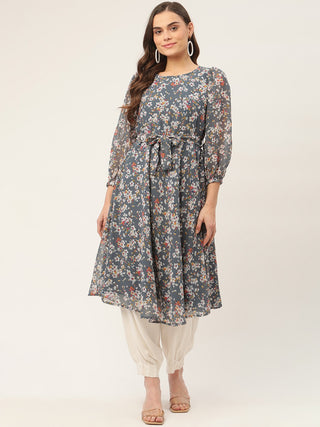 Women Grey & White Georgette Floral Printed Kurta