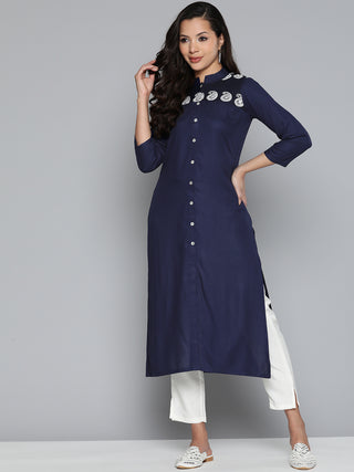Jompers Paisley Embroidered Chikankari Navy Women Kurta