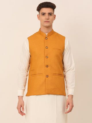 Men Mustard Solid Woven Sleeveless Nehru Jackets