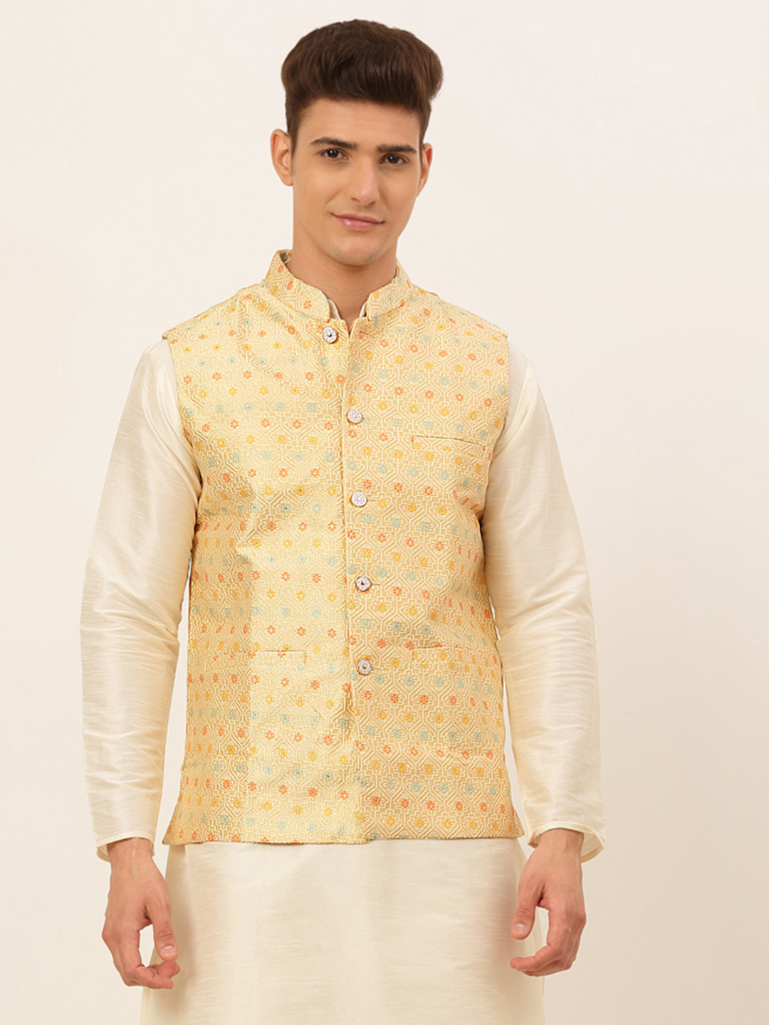 Men Yellow Embroidered Nehru Jacket – Jompers