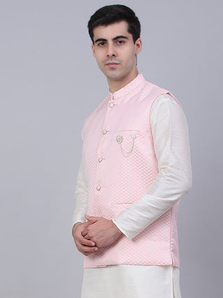 Men's Pink Woven Design Waistcoats