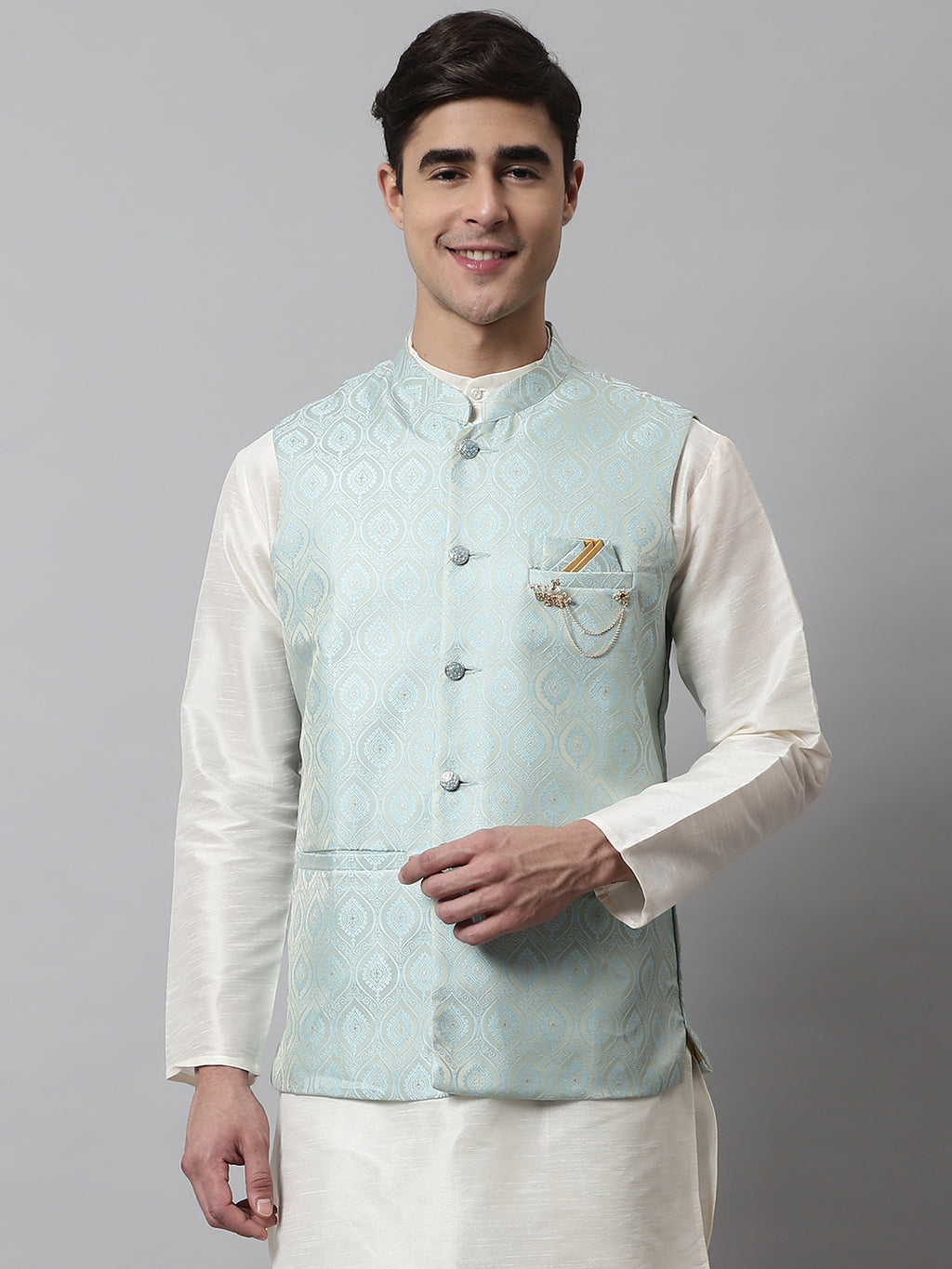 Men Navy Blue And Maroon Woven Design Waistcoats