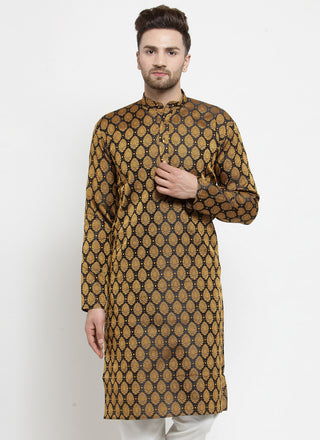 Men Black-Colored & Golden Self Design Kurta Only