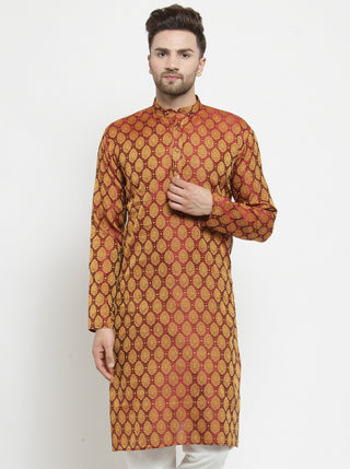 Men Maroon-Colored & Golden Self Design Kurta Only