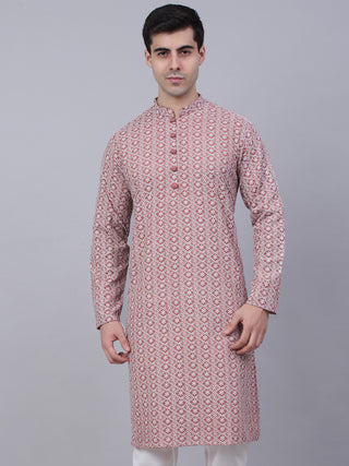 Men's Coral Red & White Embroidered Straight Kurtas