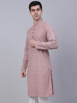 Men's Coral Red & White Embroidered Straight Kurtas