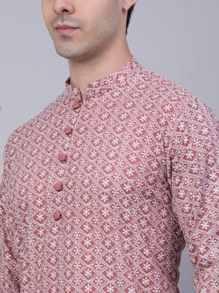 Men's Coral Red & White Embroidered Straight Kurtas