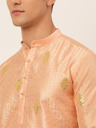Jompers Men Peach Embroidered Sequinned Kurta Only