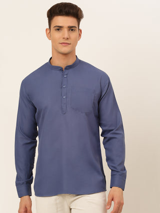 Jompers Men's Blue Solid Cotton Short Kurta