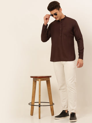 Jompers Men's Coffee Solid Cotton Short Kurta