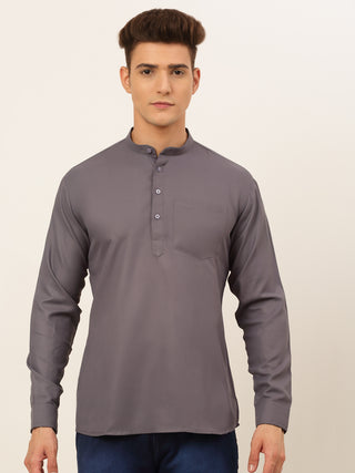 Jompers Men's Grey Solid Cotton Short Kurta