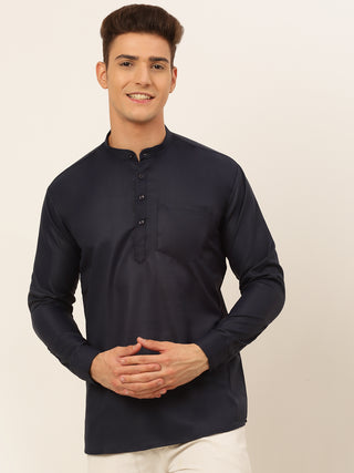 Jompers Men's Navy-Blue Solid Cotton Short Kurta