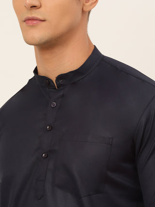 Jompers Men's Navy-Blue Solid Cotton Short Kurta
