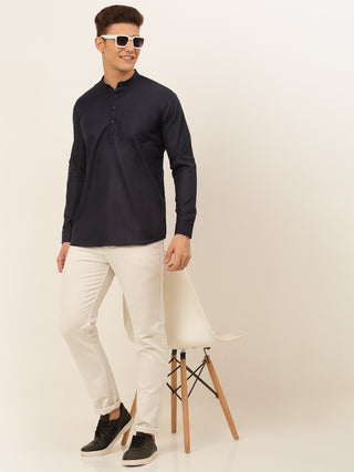 Jompers Men's Navy-Blue Solid Cotton Short Kurta