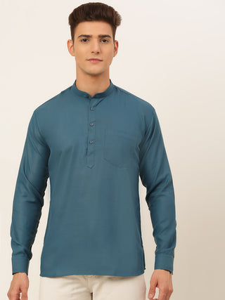 Jompers Men's Teal Blue Solid Cotton Short Kurta