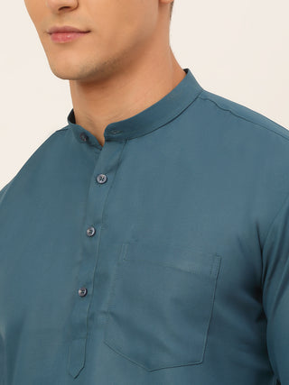 Jompers Men's Teal Blue Solid Cotton Short Kurta