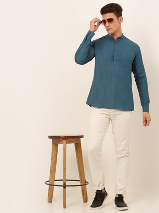 Jompers Men's Teal Blue Solid Cotton Short Kurta