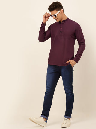 Jompers Men's Purple Solid Cotton Short Kurta