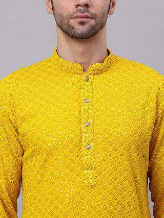 Men Yellow Chikankari Embroidered and Sequence Kurtas.