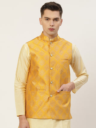 Jompers Men's Mustard Printed Nehru Jacket