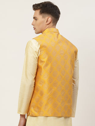 Jompers Men's Mustard Printed Nehru Jacket