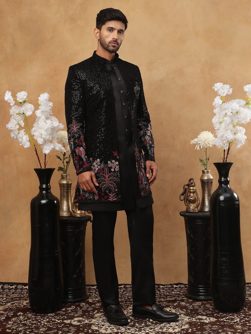 Men's Black Velvet Indo-Western Set
