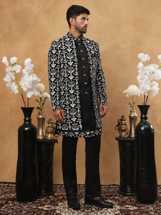 Men's Black & Off-White Floral Embroidered Indo-Western Set