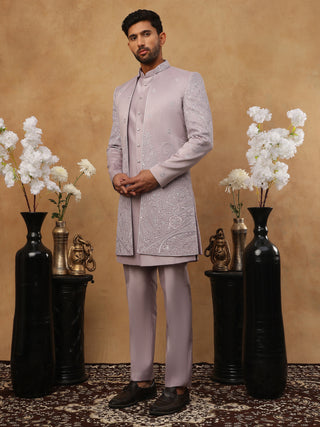 Men's Lavender Floral Embroidered Indo-Western Set