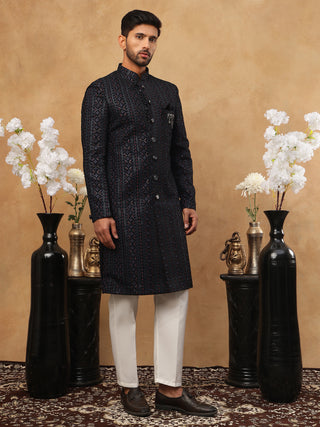 Men's Navy Blue Geometric Embroidered Indo Western Set