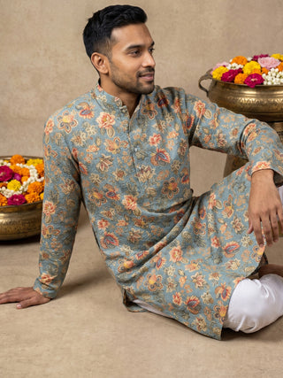 Floral Print & Thread Work Kurta Pyjama Set