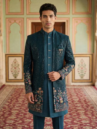 Men’s Peacock Blue Heavily Embroidered Indo-Western Set