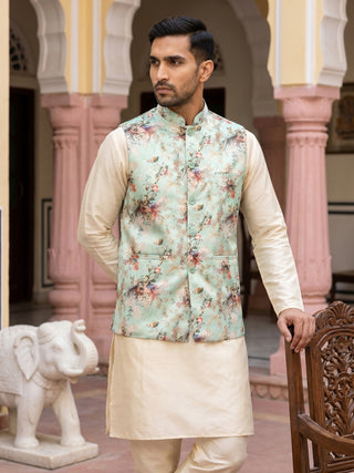 Men's Silk Blend Kurta Set with Printed Nehru Jacket